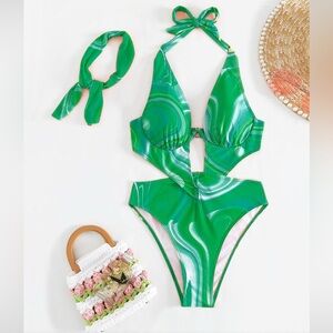 Green Cut Out Halter One Piece Swimsuit With Bandana